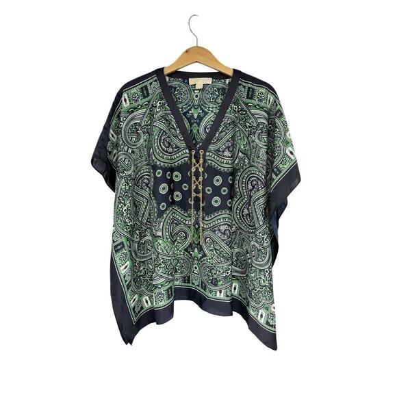 Michael Michael Kors Paisley Poncho Blouse Blue Green Satin Beach Coastal S/M - Picture 1 of 7